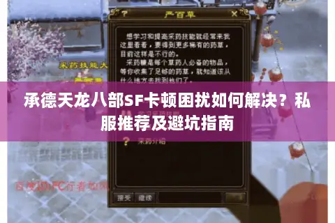 承德天龙八部SF卡顿困扰如何解决？私服推荐及避坑指南
