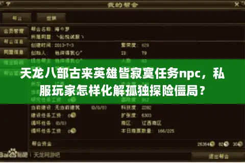 天龙八部古来英雄皆寂寞任务npc，私服玩家怎样化解孤独探险僵局？