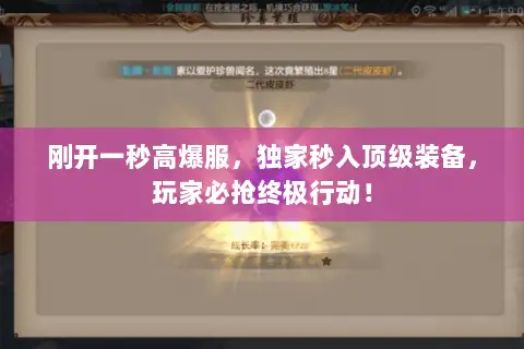 刚开一秒高爆服,独家秒入顶级装备,玩家必抢终极行动! 刚开一秒高爆服,独家秒入顶级装备,玩家必抢终极行动!