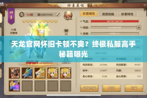 天龙官网怀旧卡顿不爽？终极私服高手秘籍曝光